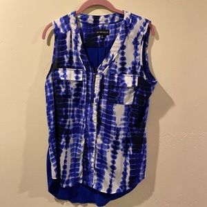 Blue tie dye front half zip sleeveless blouse top by My Michelle